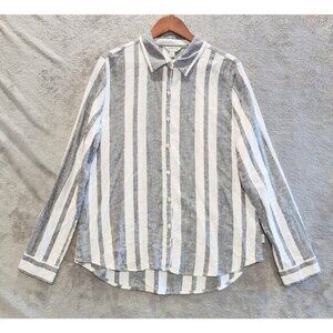 Orvis Womens White Striped Linen Blend Button Up Blouse Size Large Beach Coastal